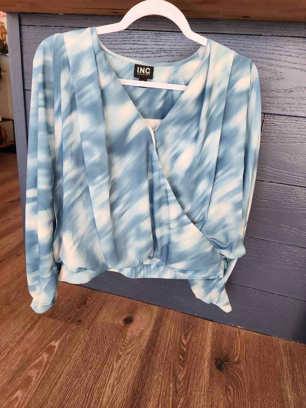 INC International Concepts Sky Blue & White Tie-Dye Faux Wrap Blouse